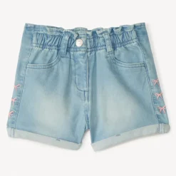 Short en jean taille élastique broderie nœuds pour fille