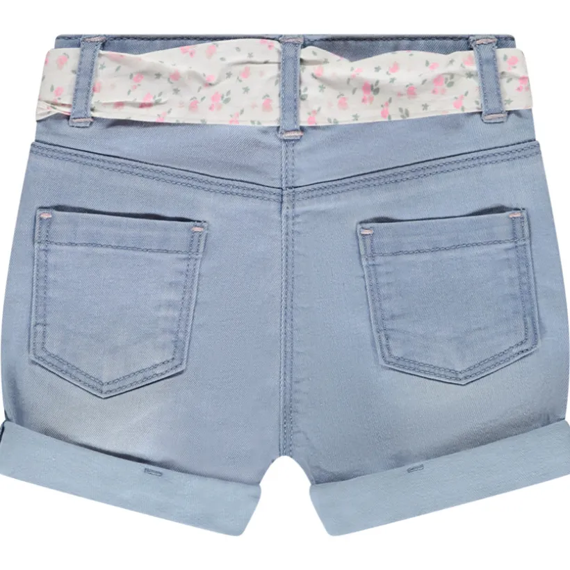 Short uni en denim avec broderie + ceinture à nouer pour bébé fille