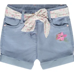 Short uni en denim avec broderie + ceinture à nouer pour bébé fille
