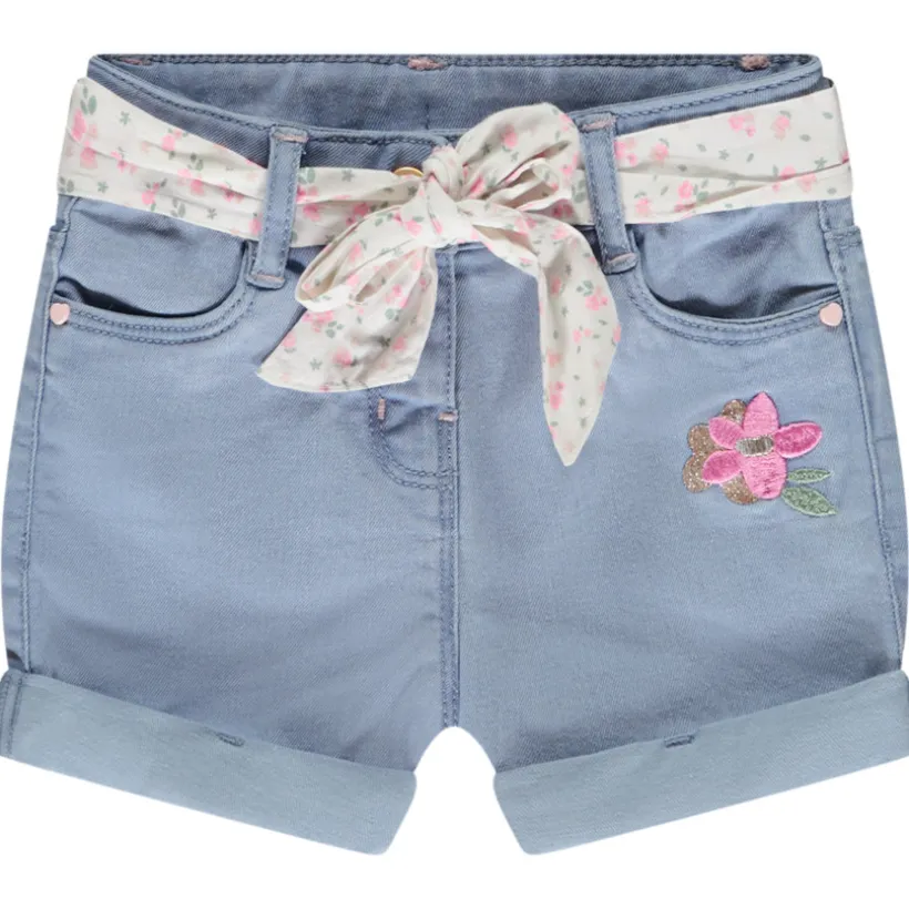 Short uni en denim avec broderie + ceinture à nouer pour bébé fille