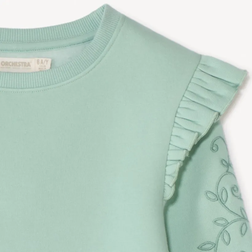 Sweat molleton brodé et volanté pour fille