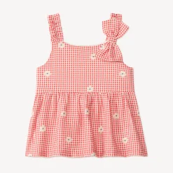 Top fille vichy nœud épaule et broderie fleurie