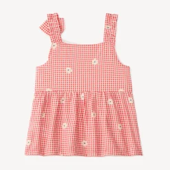 Top fille vichy nœud épaule et broderie fleurie