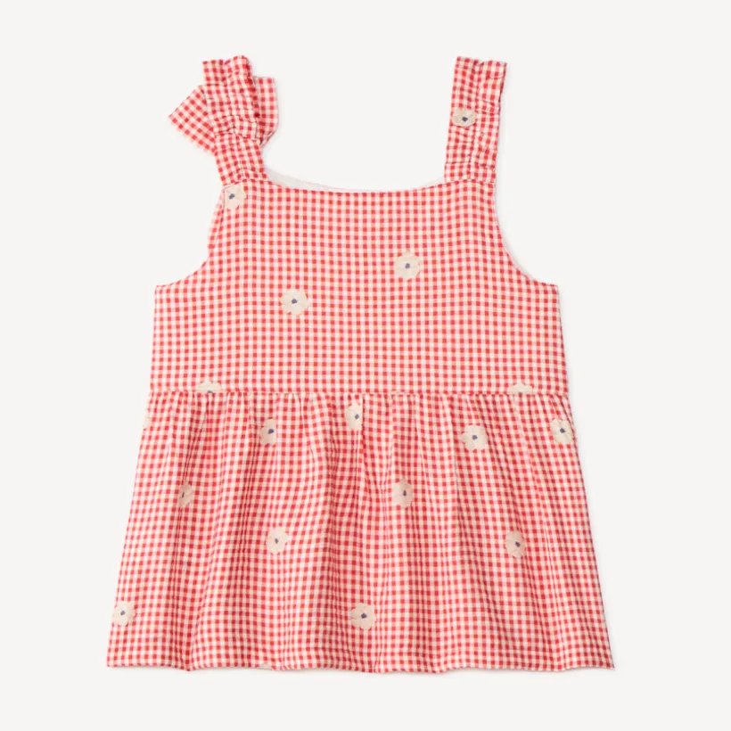 Top fille vichy nœud épaule et broderie fleurie