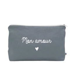 Trousse de toilette en lin "Mon amour" - Bleu grisé
