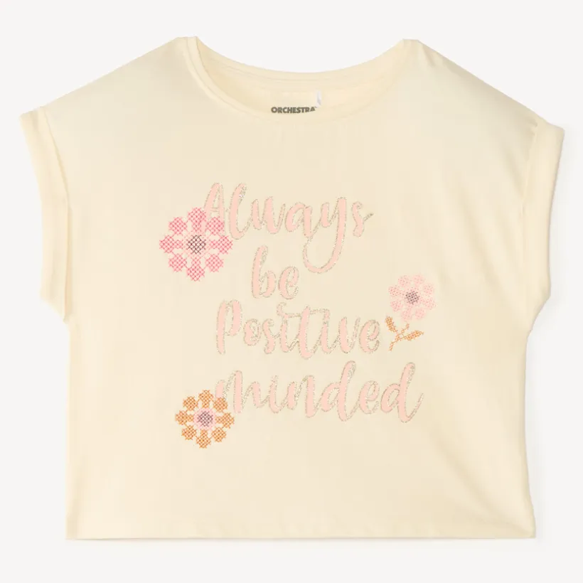 T-shirt fille manches courtes print fantaisie et fleuri