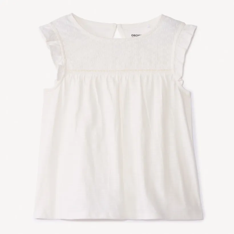 T-shirt manche courtes en jersey slub et broderie anglaise pour fille