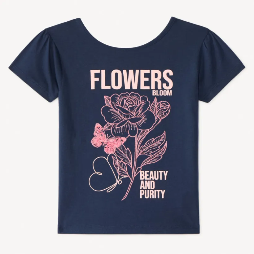 T-shirt manches courtes avec fleurs en broderie et sequins pour fille