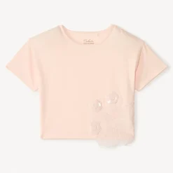 T-shirt manches courtes avec grosses fleurs en sequins pour fille