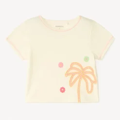 T-shirt manches courtes broderie palmier et fleurs pour fille