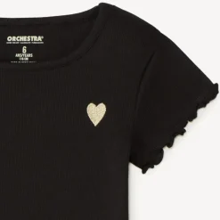 T-shirt manches courtes côtelé à cœur brodé pour fille