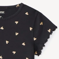 T-shirt manches courtes côtelé imprimé cœurs pailletés pour fille