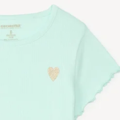 T-shirt manches courtes en maille côtelée uni broderie cœur pour fille