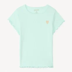 T-shirt manches courtes en maille côtelée uni broderie cœur pour fille