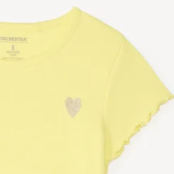T-shirt manches courtes en maille côtelée uni broderie cœur pour fille
