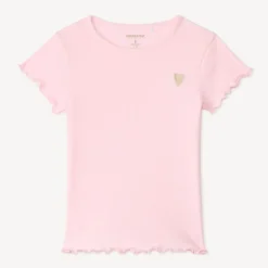 T-shirt manches courtes en maille côtelée uni broderie cœur pour fille