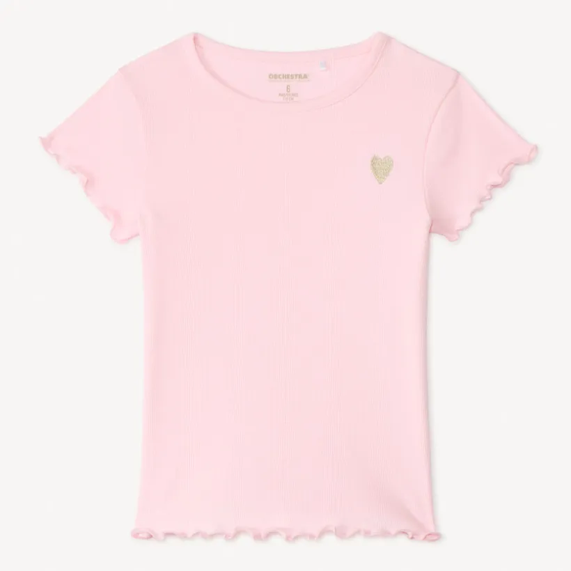 T-shirt manches courtes en maille côtelée uni broderie cœur pour fille