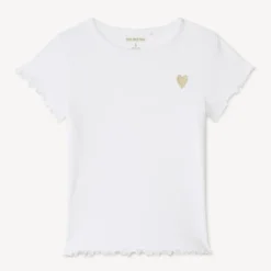 T-shirt manches courtes en maille côtelée uni broderie cœur pour fille