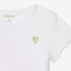 T-shirt manches courtes en maille côtelée uni broderie cœur pour fille