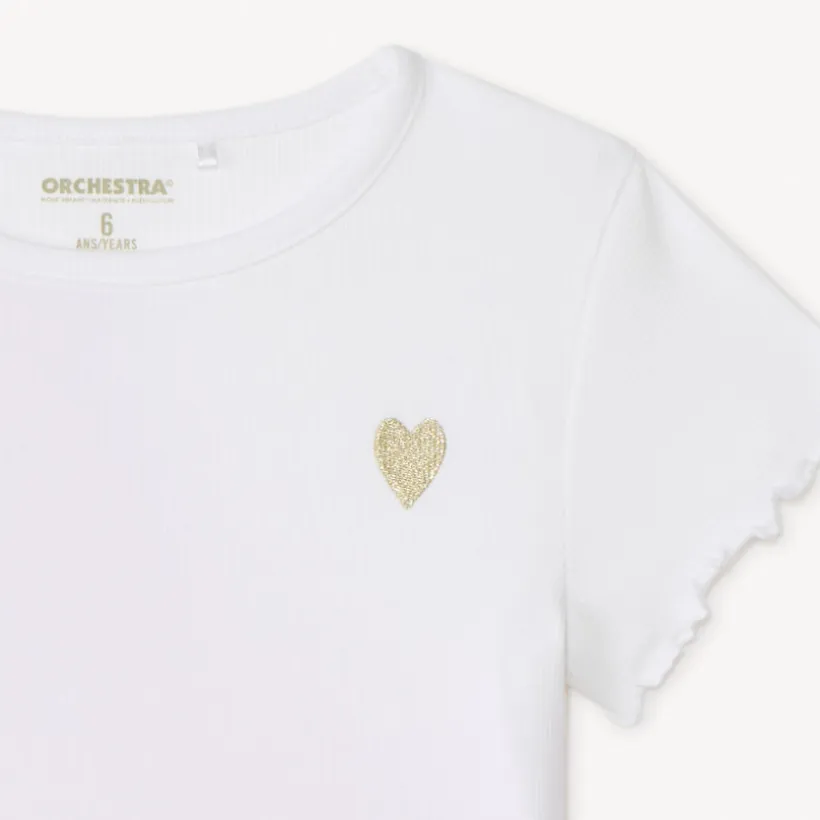 T-shirt manches courtes en maille côtelée uni broderie cœur pour fille