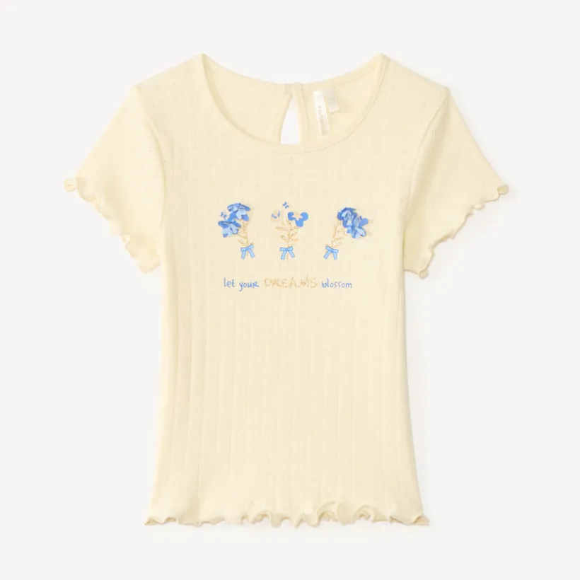 T-shirt manches courtes pointelle avec fleurs en relief pour bébé fille