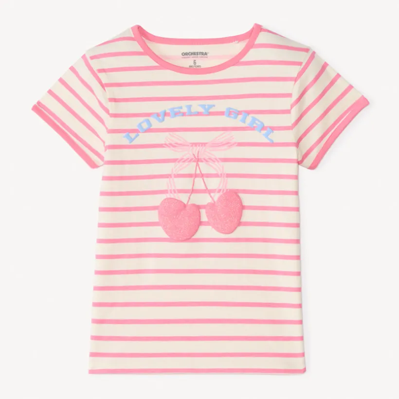 T-shirt manches courtes à rayures avec print cerise pour fille