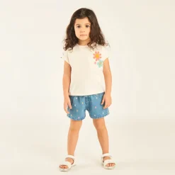 T-shirt manches courtes à revers avec fleurs en crochet pour bébé fille