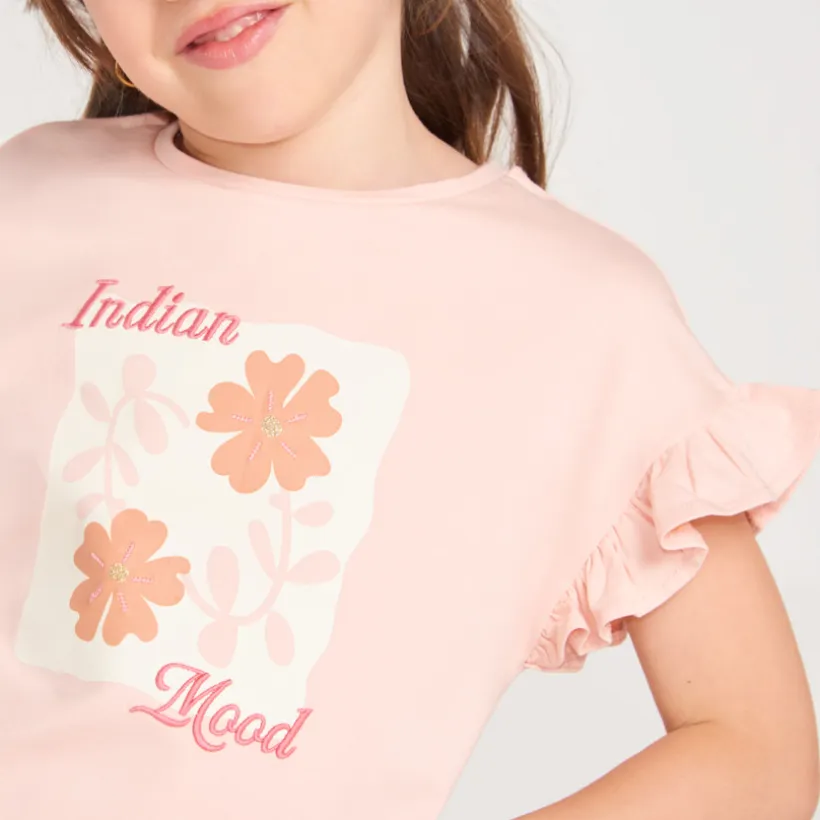 T-shirt manches courtes volanté print fleur pour fille