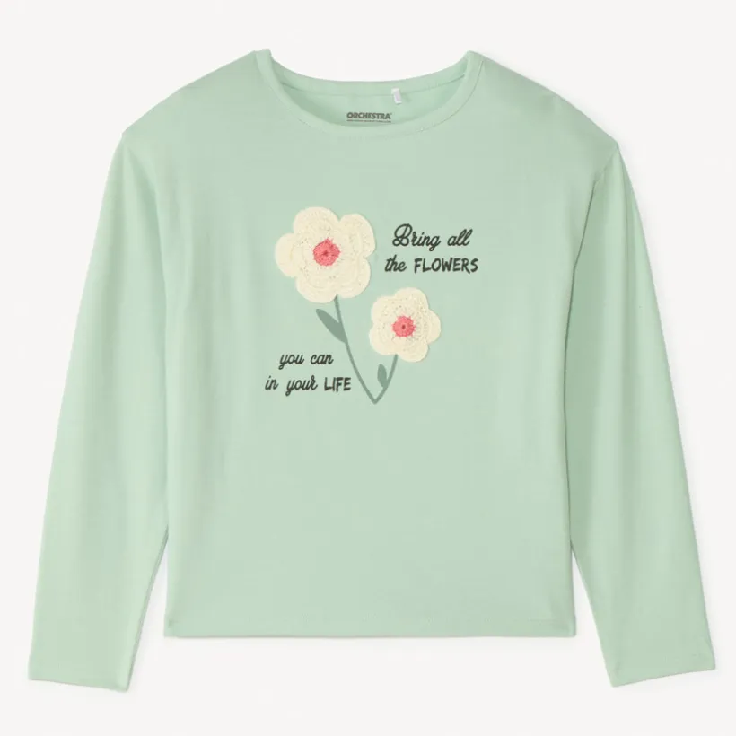 T-shirt manches longues avec print et motif crocheté fantaisie pour fille