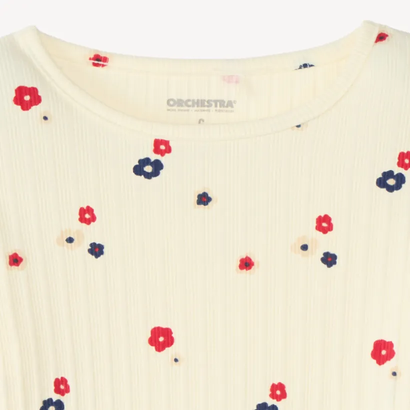 T-shirt manches longues fille en maille côtelée imprimé fleurs