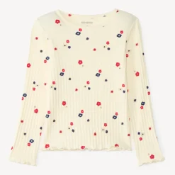 T-shirt manches longues fille en maille côtelée imprimé fleurs