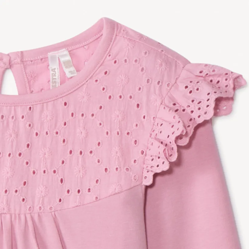T-shirt manches longues uni à col marin brodé pour bébé fille