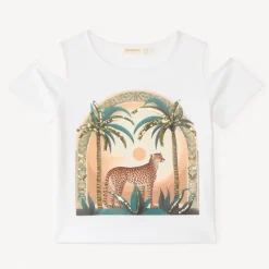 T-shirt épaules dénudées print léopard à sequins pour fille