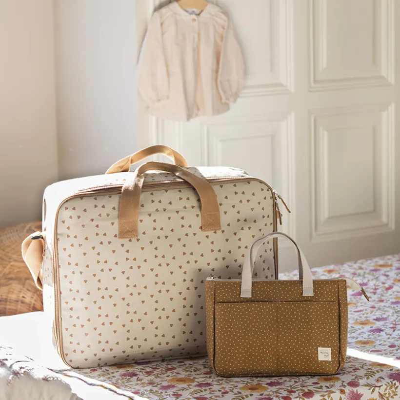 Valise bébé de maternité imprimé cœurs Poppy cannelle