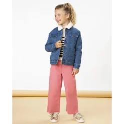 Veste en denim avec col en sherpa et broderies fleurs pour fille