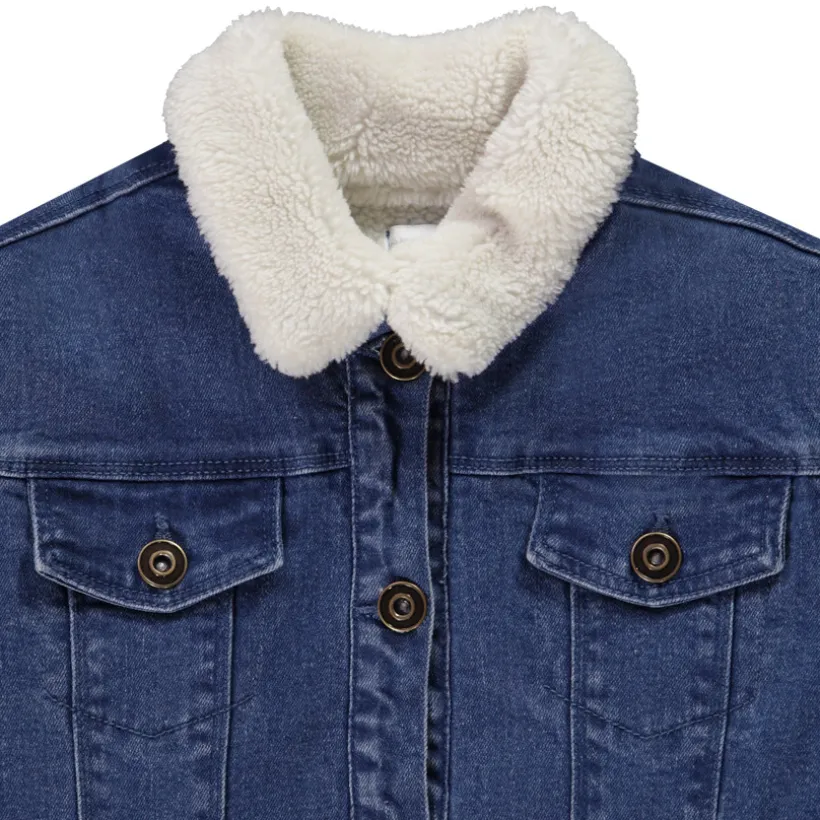 Veste en denim avec col en sherpa et broderies fleurs pour fille