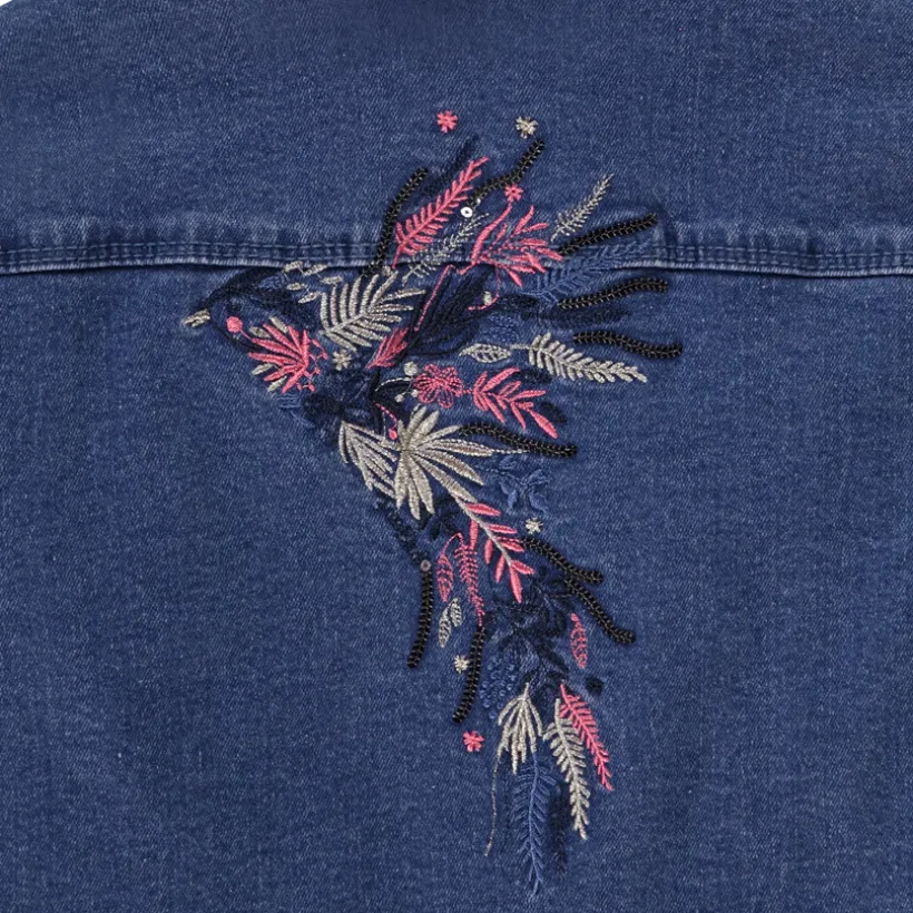 Veste en denim avec col en sherpa et broderies fleurs pour fille