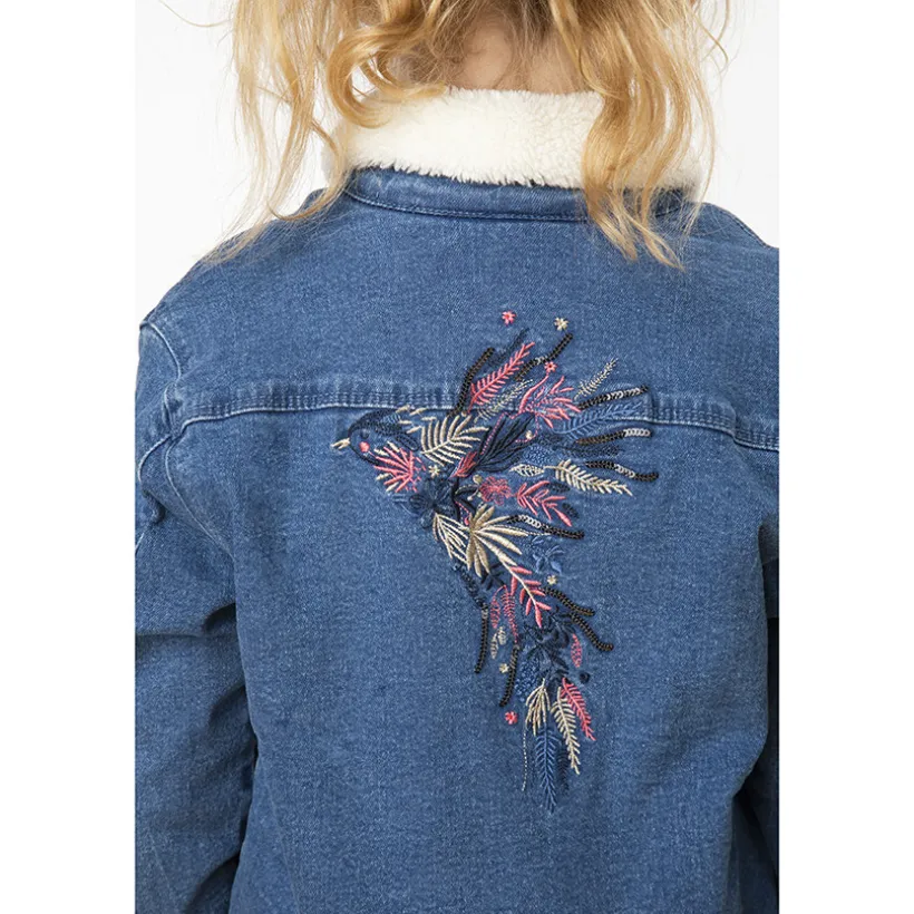 Veste en denim avec col en sherpa et broderies fleurs pour fille