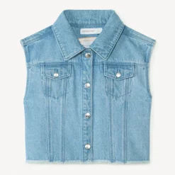 Veste en jean sans manches à col chemise pour fille