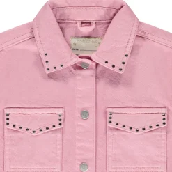 Veste en jean uni à col chemise et clous fantaisie pour fille