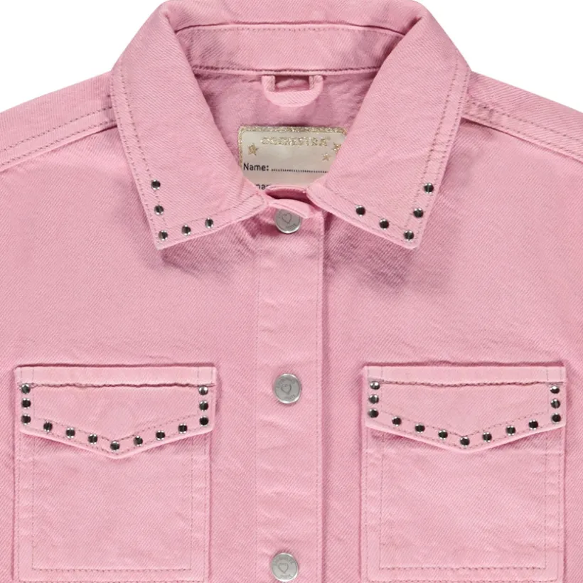 Veste en jean uni à col chemise et clous fantaisie pour fille